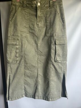 Olive Cargo Maxi Skirt with Side Slits